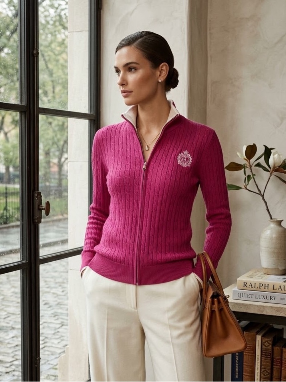 Lauren Ralph Lauren Pink Cable Knit Zip Cardigan Sweater L Preppy Academia